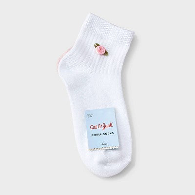 Girls' 2pk Ribbed 3D Rosette Applique Ankle Socks - Cat & Jack Pink/White M