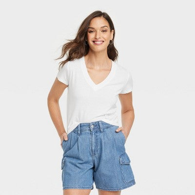 Women's Shrunken Short Sleeve V-Neck T-Shirt White M