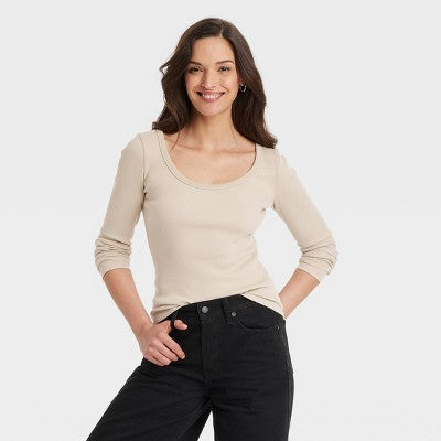 Women's Long Sleeve Rib Scoop Neck Universal Thread Beige S