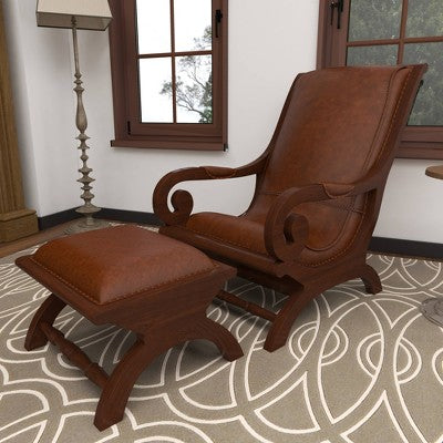Traditional Teak Wood Accent Chair with Arms and Ottoman Brown - Olivia & May: Leather Upholstered, No Assembly Required (LOCAL PICKUP ONLY)
