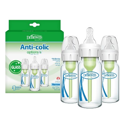 Dr. Brown's Anti-Colic Narrow Glass Options+ Baby Bottles - 4 fl oz/3pk: Level 1 Slow Flow, BPA-Free, Silicone Nipple