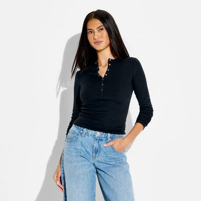 Women's Long Sleeve Ribbed Henley Shirt - Wild Fable Black XXS