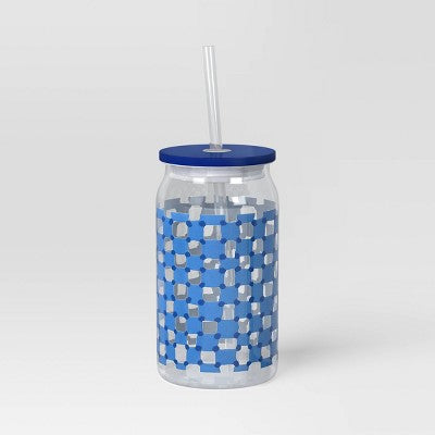14.5 fl oz Glass Straw Tumbler Blue Check - Room Essentials