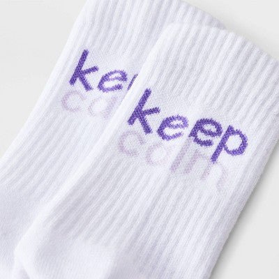 Women's "Keep Calm" Cushioned Ribbed 2pk Mid Crew Socks - White/Purple 4-10