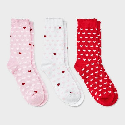 Women's Mini Hearts Scallop Cuff Valentine's Day 3pk Crew Socks - Pink/White/Red 4-10