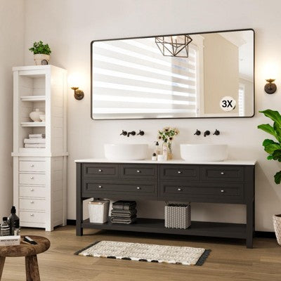 72" x 36" Black Metal Framed Bathroom Mirror Rounded Rectangle Vanity Mirror with 3X Magnifying Glass for Over Sink (Hangs Horizontally/Vertically (LOCAL PICKUP ONLY)