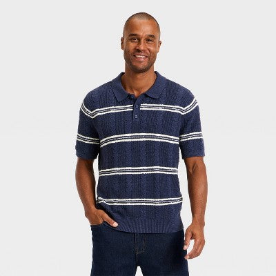 Men's Striped Short Sleeve Cable Sweater - Goodfellow & Co Blue L