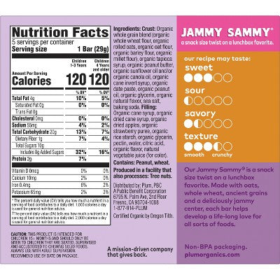 Plum Organics Jammy Sammy Snack Bars - Peanut Butter and Strawberry - 1.02oz/5ct