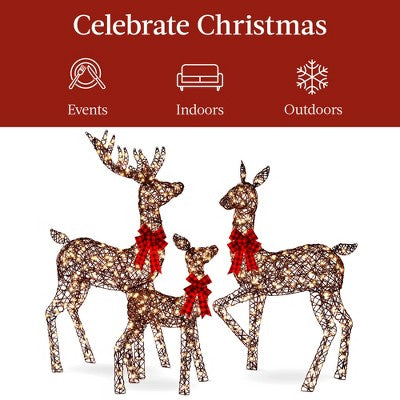 Best Choice Products 3-Piece Lighted Christmas Deer Set Outdoor Yard Decoration w/ 360 LED Lights, Stakes - Rattan (LOCAL PICKUP ONLY)