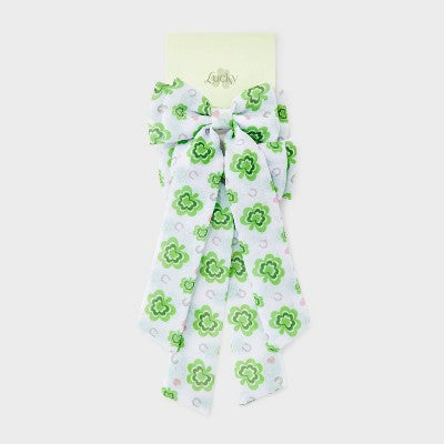 St. Patrick's Day Clover Print Hair Bow Clip Set 2pc - White/Green