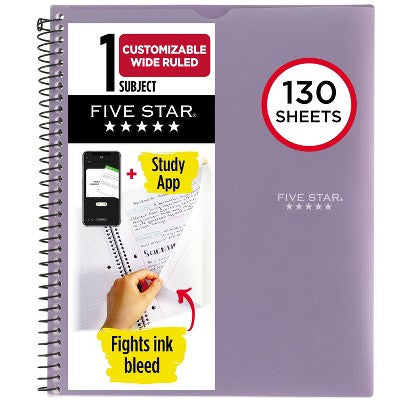 Five Star 130 Sheet 1 Subject Wide Ruled Customizable Notebook Lilac