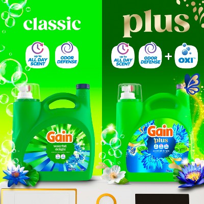 Gain Waterfall Delight Plus Liquid Laundry Detergents 75 Loads - 99oz: Cold Water Detergent, Spill-Resistant Lid