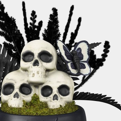 10" Grim Greenery Spider Web with Foam Skulls Halloween Artificial Plastic Pot - Hyde and EEK! Boutique