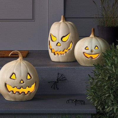 10.75" Lit Pumpkin Jack O' Lantern with Timer and Terracotta Look Halloween Decorative Prop Off-White- Hyde and EEK! Boutique