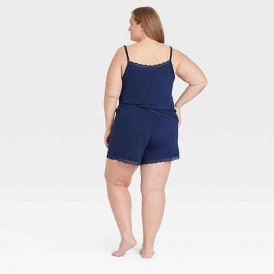 Women's Lace Trim Ribbed Cami Top and Shorts Pajama Set - Auden Navy Blue 2X: Modal Knit, Squareneck, Drawstring