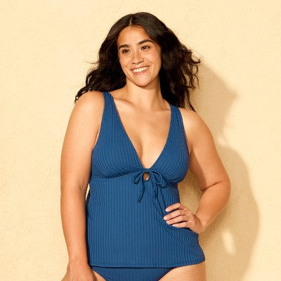 Women's Ribbed Tie-Front Tankini Top - Shade & Shore Blue S