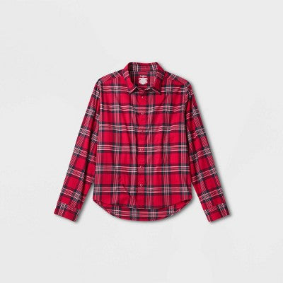Men's Long Sleeve Adaptive Button: Berry Red/Plaid XL