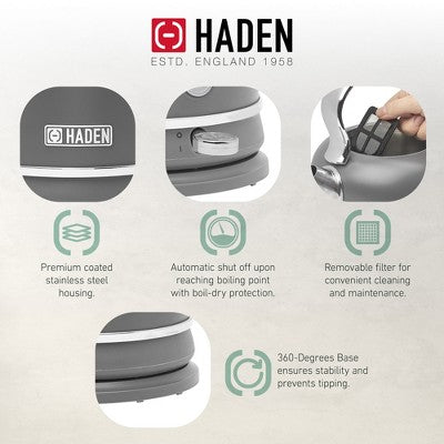 Haden Chelsea 1.7 Liter Stainless Steel Electric Kettle, Hot Water Kettle with 360-Degree Base and Auto Shutoff, Grey & Chrome
