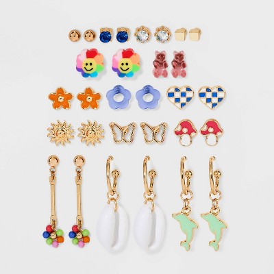 Girls' 15pk Mushroom Studs and Hoops Earring Set - art class