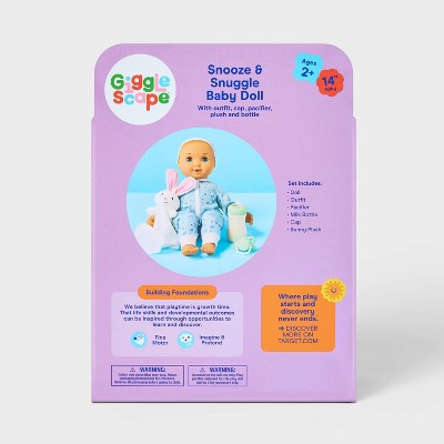 14" Snooze and Snuggle Baby Doll - Blonde Hair + Blue Eyes - Gigglescape