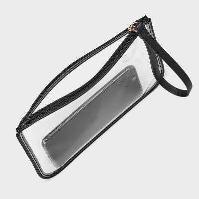 Clear Pouch Wristlet - A New Day Black: Solid TPU Shell, Zip Closure, Faux Leather, Unstructured Design, 8.75" x 6.375"