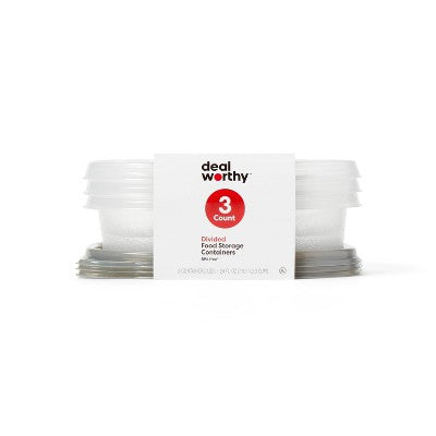 Divided Rectangle Food Storage Containers - 24 fl oz/3ct - Dealworthy: BPA-Free, Stackable Design, Product Depth 6.22