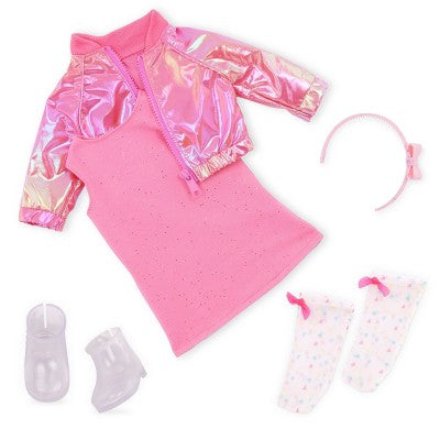 Our Generation Splash of Pink Metallic Bomber Jacket & Dress Outfit for 18'' Dolls: Girl's Doll Clothing for Home and Family