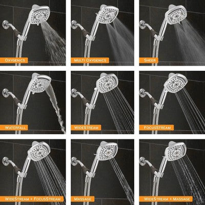 5" Contour 9 Spray WaterSense Hand Shower Chrome - Oxygenics: EPA Certified, 72" Hose, Multi-Setting Showerhead