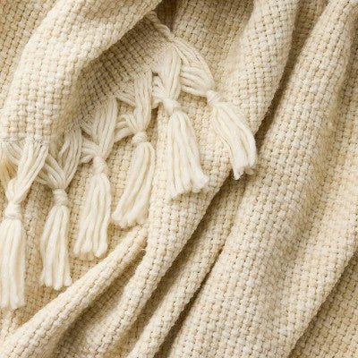 50 x 60 Throw Mixed Yarn Woven with Crossed Tassels Cream and Khaki - Threshold Design with Studio McGee