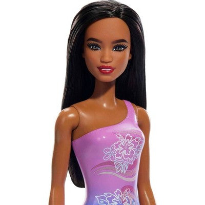 Barbie 12.7" Beach Doll Brown Hair/Brown Eyes Wearing Tropical Purple Swimsuit