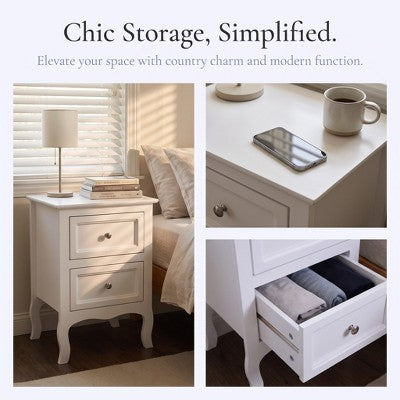 White Nightstand with 2-Tier Storage, Country Style Bedside Table for Bedroom, Dorm Essentials, Apartment Essentials, 23.6" L x 15.7" W (LOCAL PICKUP ONLY)
