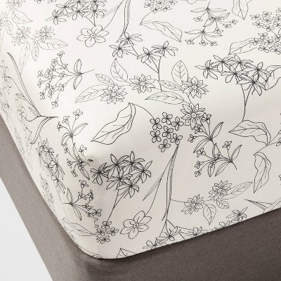 Twin/Twin XL Easy Care Cotton Blend Sateen Fitted Sheet Gray Floral - Room Essentials: 225 Thread Count, Eco-Friendly Materials