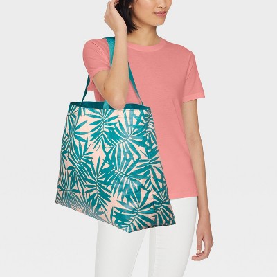 Water Resistant Reversible Tote Bag - Open Story Teal/White Palm: Botanical Pattern