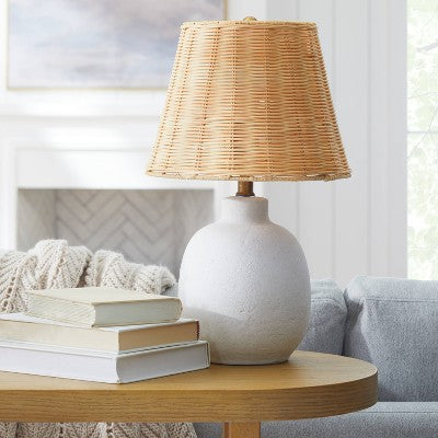 18.5"x11" Ceramic Table Lamp with Rattan Shade White - Threshold designed with Studio McGee: Nightstand Wicker Lighting