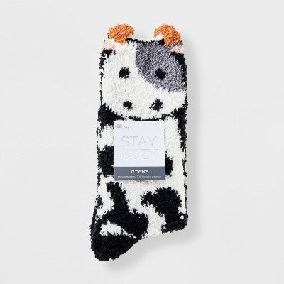 Women's Cow 2pk Cozy Crew Socks - Black/White 4-10