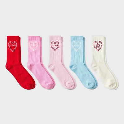Women's 'Not Yours' Candy Heart Ribbed Valentine's Day 5pk Crew Socks - Wild Fable Assorted Colors 4-10