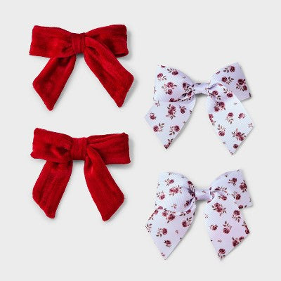 Girls' 4pk Holiday Floral & Velvet Bow Clip Set - Cat & Jack Red