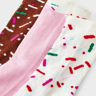 Kid's Donut Hole Christmas 3pk Crew Socks - Brown/Pink/Ivory 2-5