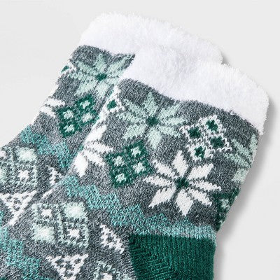 Women's Snowflake Double Lined Cozy Ankle Socks - Auden Charcoal Heather/Dark Green 4-10