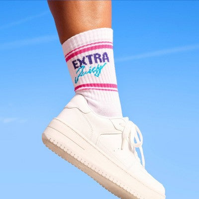 Adult Poppi Extra Juicy Graphic Crew Socks - White: Ankle Height, Flat Seams, Knit Design