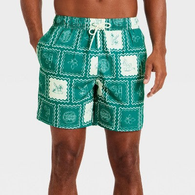 Men's 7'' Patterned Swim Trunks - Goodfellow & Co Green Tile XXL