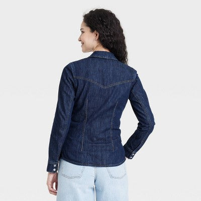 Women's Slim Fit Tailored Western Denim Shirt Dark Wash 4