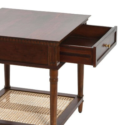 Storied Home Maxwelton Solid Wood End Accent Table Dark Chestnut/Natural: Traditional Style, Cane Shelf, Hidden Compartment (LOCAL PICKUP ONLY)