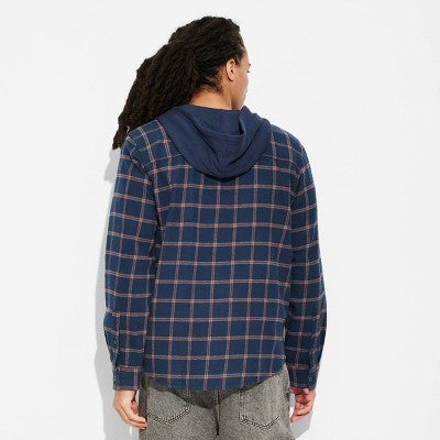 Men's Checked Hooded Button-Down Shirt - Original Use Navy Blue S