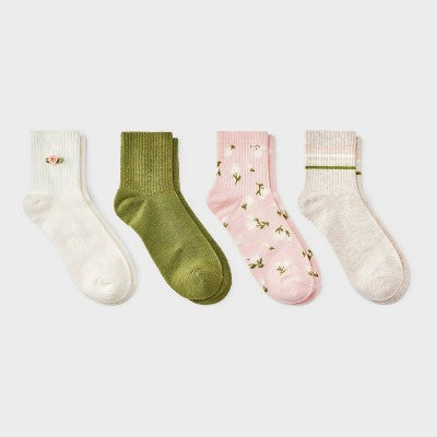 Women's 4pk Rib Ankle Socks - Rosette Cream