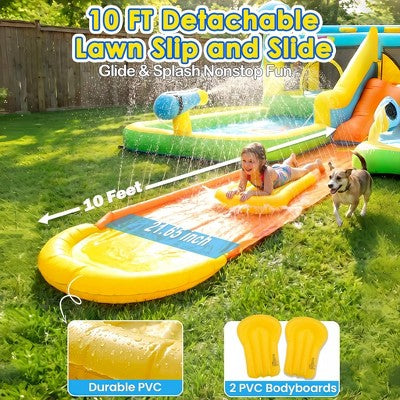 BATHWA 18x15.8Ft 22-in-1 Jellyfish Ocean Inflatable Water Park for Kids Backyard w/Dual Slides|10 Foot PVC Slip Water Slide|2 Bodyboards|750W Blower (LOCAL PICKUP ONLY)