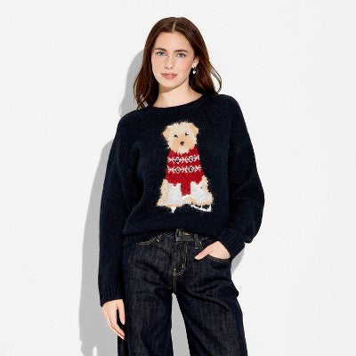 Women's Crewneck Pullover Sweater - Wild Fable Navy Blue Dogs M