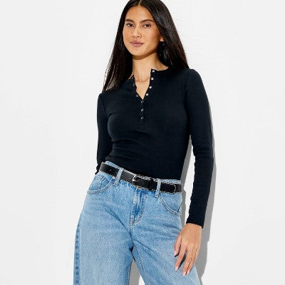 Women's Long Sleeve Ribbed Henley Shirt - Wild Fable Black XXS