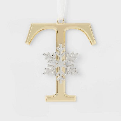 Metal Monogram 'T' with Snowflake Christmas Tree Ornament Gold - Wondershop