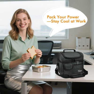 Tirrinia Large Lunch Tote Bag for Men Women Insulated Dual Compartment Leakproof Lunch Box Reusable Thermal Lunch Cooler Tote with Front Pocket